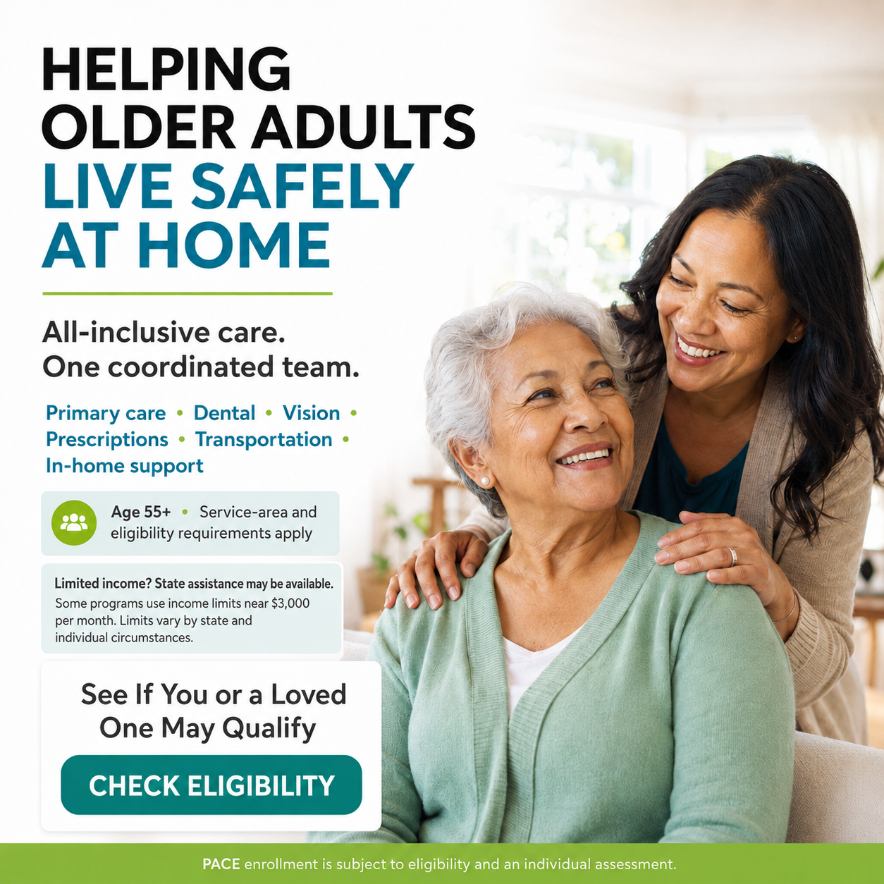 An older adult at home with a caring family member and information about coordinated senior-care support